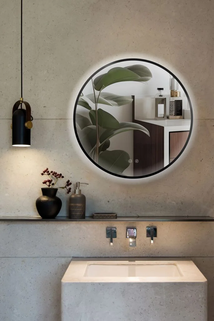 Espejo LED Ares redondo en un baño